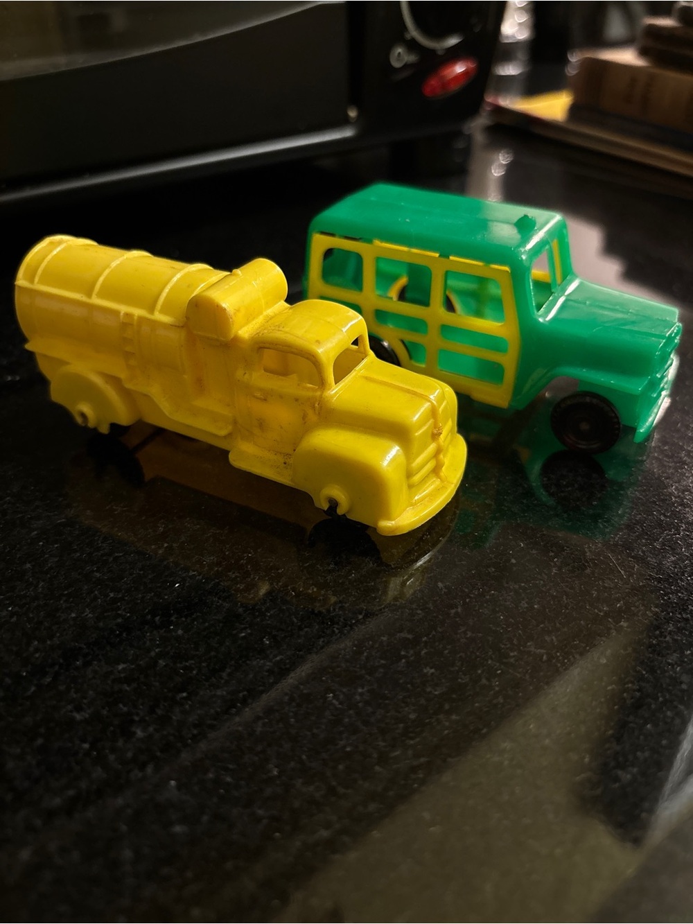 1940’s Yellow Tanker Toy Truck and Green Bus Playset